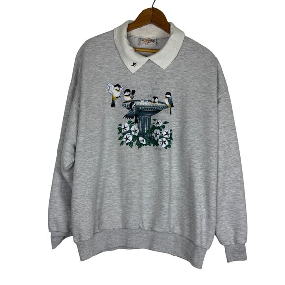 Vtg 90s Morning Sun 3X Collared Sweatshirt Textured Graphic Birds at Birdbath - Picture 1 of 11